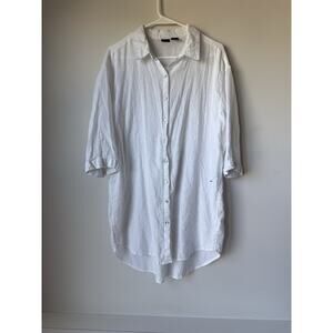 Tahari Linen Shirt Dress Womens Large Button Up 3/4 Sleeve Tunic Pearl Buttons